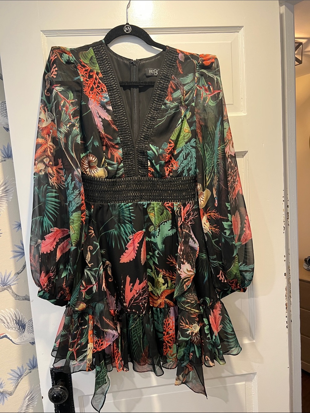 PatBO Black Floral V-Neck Long-Sleeve Mini Dress with Green & Coral Accents